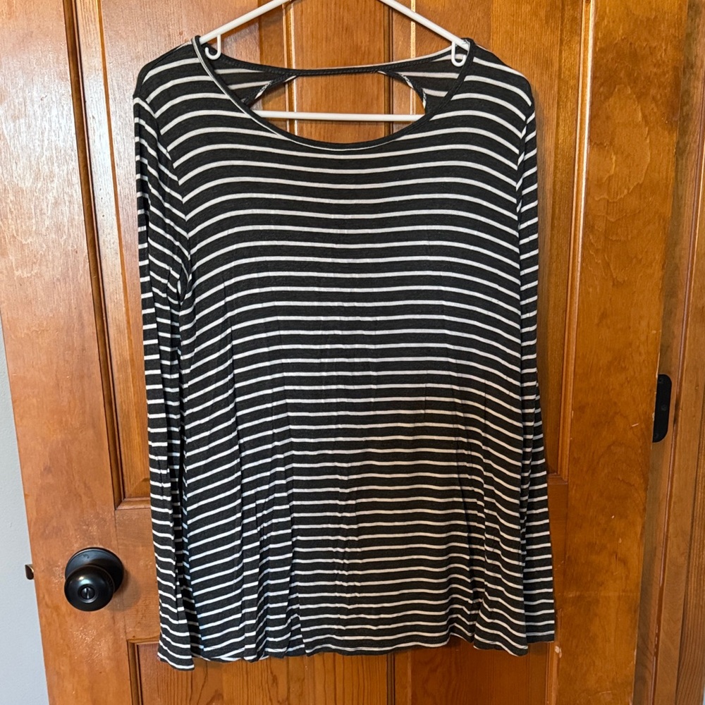 Grey & White Striped Long-Sleeve Top with Back Strap Detail